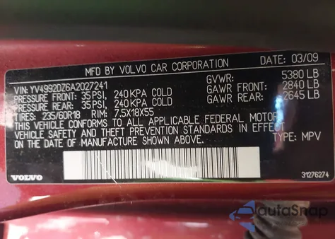 2010 Volvo Xc60 T6/T6 R-Design from USA, damaged, VIN YV4992DZ6A2027241